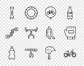 Set line Sport bottle with water, Bicycle, handlebar, Wrench spanner, helmet and Gloves icon. Vector Royalty Free Stock Photo