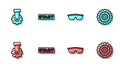 Set line Sport cycling sunglasses, Derailleur bicycle rear, Ribbon finishing line and Bicycle cassette icon. Vector