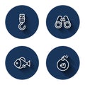 Set line Spring scale, Binoculars, Fish and Bomb with long shadow. Blue circle button. Vector Royalty Free Stock Photo