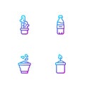 Set line Sprout in bottle, Seeds bowl, Cactus peyote pot and Bottle of water. Gradient color icons. Vector
