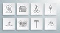 Set line Sprout, Farm house, House concept, Garden rake, Watering sprout, Cherry, trowel spade or shovel and Tree icon