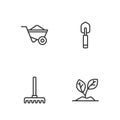 Set line Sprout, Garden rake, Wheelbarrow and trowel spade or shovel icon. Vector Royalty Free Stock Photo