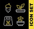 Set line Sprout, Seeds in bowl, Pack full of seeds of plant and Acorn, oak nut, icon. Vector