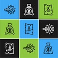 Set line Spur, Wanted western poster and Money bag icon. Vector Royalty Free Stock Photo