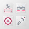 Set line Spyglass telescope lens, Ship steering wheel, Binoculars and Seagull sits on buoy icon. Vector Royalty Free Stock Photo