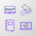 Set line Square root of x glyph, Book, Test tube and flask and Equation solution icon. Vector Royalty Free Stock Photo
