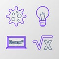 Set line Square root of x glyph, Equation solution, Light bulb with concept idea and Virus icon. Vector Royalty Free Stock Photo