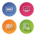 Set line SSD card, Computer monitor screen, Video graphic and Case of computer. Color circle button. Vector Royalty Free Stock Photo
