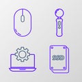 Set line SSD card, Laptop and gear, Gamepad and Computer mouse icon. Vector