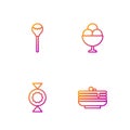 Set line Stack of pancakes, Candy, Lollipop and Ice cream in bowl. Gradient color icons. Vector