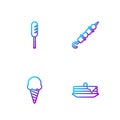 Set line Stack of pancakes, Ice cream in waffle cone, Fried sausage and Grilled shish kebab. Gradient color icons