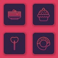 Set line Stack of pancakes, Lollipop, Cupcake and Donut. Blue square button. Vector