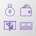 Set line Stacks paper money cash, Board with graph chart, Wallet stacks and Money bag icon. Vector