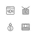 Set line Stacks paper money cash, Financial growth dollar, Page with 404 error and Advertising icon. Vector