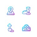 Set line Stained glass, Christian cross, Location church building and Goblet and bread. Gradient color icons. Vector Royalty Free Stock Photo