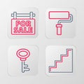 Set line Staircase, House key, Paint roller brush and Hanging sign with For Sale icon. Vector