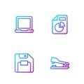 Set line Stapler, Floppy disk, Laptop and Document with graph chart. Gradient color icons. Vector