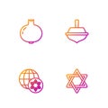 Set line Star of David, World Globe and Israel, Pomegranate and Hanukkah dreidel. Gradient color icons. Vector