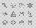 Set line Starfish, Fish steak, Shark fin soup, skeleton, Fisherman, Caviar and Scallop sea shell icon. Vector