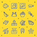 Set line Starfish, Mussel, Fish skeleton, Octopus plate, Crab, Fishing harpoon, hedgehog and Caviar icon. Vector