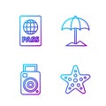 Set line Starfish, Photo camera, Passport and Sun protective umbrella for beach. Gradient color icons. Vector