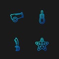 Set line Starfish, Pirate sword, Cannon and Gallows rope loop hanging. Gradient color icons. Vector