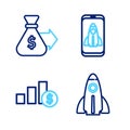 Set line Startup project concept, Pie chart and dollar, and Money bag icon. Vector Royalty Free Stock Photo