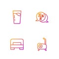 Set line Stationary bicycle, Big bed, Glass with water and Sleepy. Gradient color icons. Vector Royalty Free Stock Photo