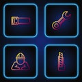 Set line Stationery knife, Builder, Hand saw and Wrench spanner. Gradient color icons. Vector