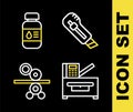 Set line Stationery knife, Copy machine, Paper roll of printing press and Printer ink bottle icon. Vector