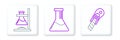 Set line Stationery knife, Glass test tube flask fire and Test and chemical laboratory icon. Vector