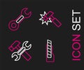 Set line Stationery knife, Hammer and wrench, and Wrench spanner icon. Vector