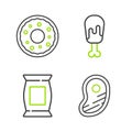 Set line Steak meat, Bag or packet potato chips, Chicken leg and Donut icon. Vector Royalty Free Stock Photo