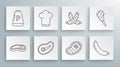 Set line Steak meat, Chef hat, Sausage, Crossed sausage, Rib eye steak and Pepper icon. Vector