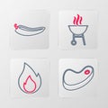 Set line Steak meat, Fire flame, Barbecue grill and Hot chili pepper pod icon. Vector