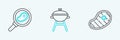 Set line Steak meat, in frying pan and Barbecue grill icon. Vector