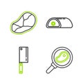 Set line Steak meat in frying pan, Meat chopper, and icon. Vector