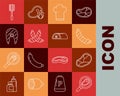 Set line Steak meat in frying pan, Sausage, Chef hat, Crossed sausage, Fish steak, Spatula and Meat icon. Vector