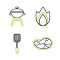 Set line Steak meat, Spatula, Fire flame and Barbecue grill icon. Vector