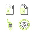 Set line Steering wheel, Car muffler, Canister for motor oil and icon. Vector