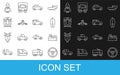 Set line Steering wheel, Cargo ship with boxes delivery, Surfboard, Plane, Train and railway, Rocket and icon. Vector Royalty Free Stock Photo