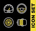 Set line Steering wheel, Electric engine, Car and Speedometer icon. Vector