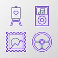 Set line Steering wheel, Picture landscape, Music player and Wood easel or painting art boards icon. Vector Royalty Free Stock Photo