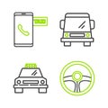 Set line Steering wheel, Taxi car, Car and call telephone service icon. Vector