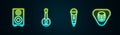 Set line Stereo speaker, Banjo, Microphone and Guitar pick. Glowing neon icon. Vector Royalty Free Stock Photo