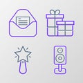 Set line Stereo speaker, Christmas star, Gift box and party invitation card icon. Vector