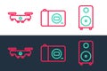 Set line Stereo speaker, Drone flying and Photo camera icon. Vector