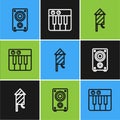 Set line Stereo speaker, Firework rocket and Music synthesizer icon. Vector