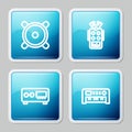 Set line Stereo speaker, Microphone, Guitar amplifier and Music synthesizer icon. Vector Royalty Free Stock Photo