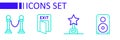 Set line Stereo speaker, Movie trophy, Fire exit and Rope barrier icon. Vector